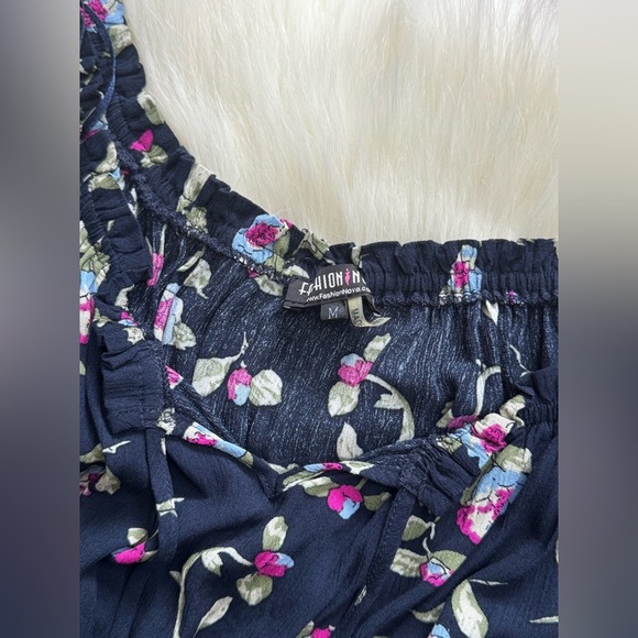 Fashion Nova 3/4 Sleeve Boho Floral Off Shoulder Mini Romper Playsuit Navy Blue - Picture 2 of 5